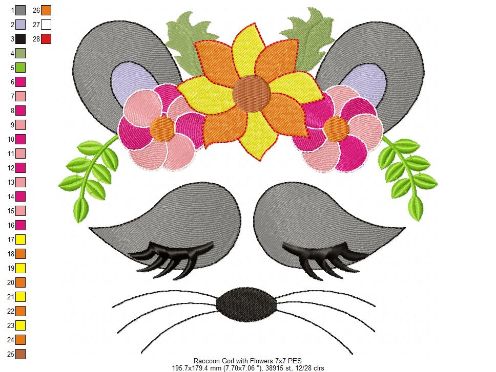 Raccoon Girl with Flowers - Fill Stitch