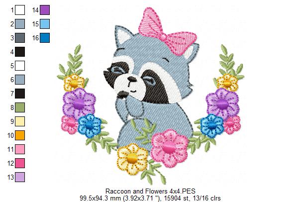 Floral Raccoon - Fill Stitch - Machine Embroidery Design