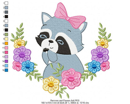 Floral Raccoon - Fill Stitch - Machine Embroidery Design