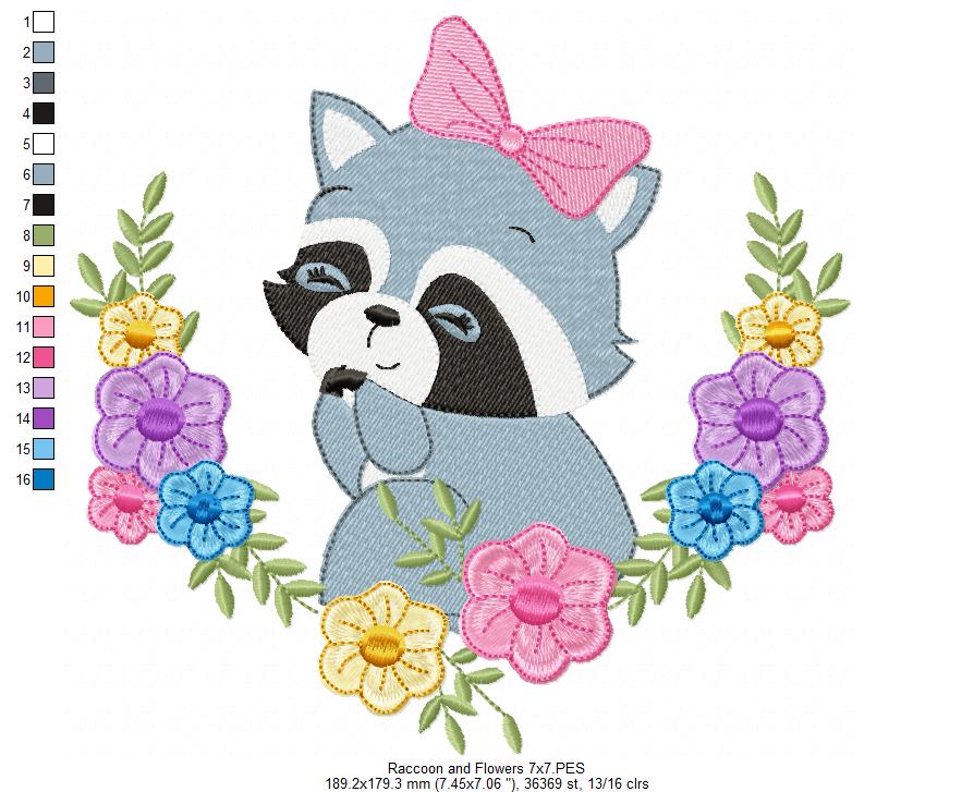 Floral Raccoon - Fill Stitch - Machine Embroidery Design