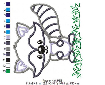 Cute Woodland Raccoon in Grass - Appliqué - Machine Embroidery Design