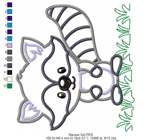 Cute Woodland Raccoon in Grass - Appliqué - Machine Embroidery Design