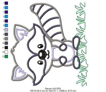 Cute Woodland Raccoon in Grass - Appliqué - Machine Embroidery Design