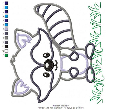 Cute Woodland Raccoon in Grass - Appliqué - Machine Embroidery Design