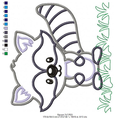 Cute Woodland Raccoon in Grass - Appliqué - Machine Embroidery Design