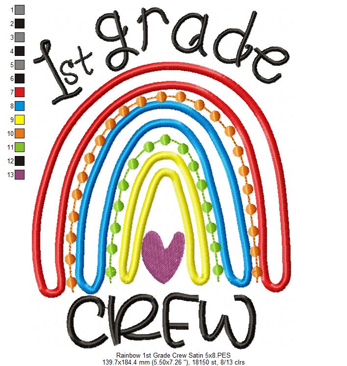 Rainbow 1st Grade Crew - Satin and Bean Stitch Applique - Set of 2 designs