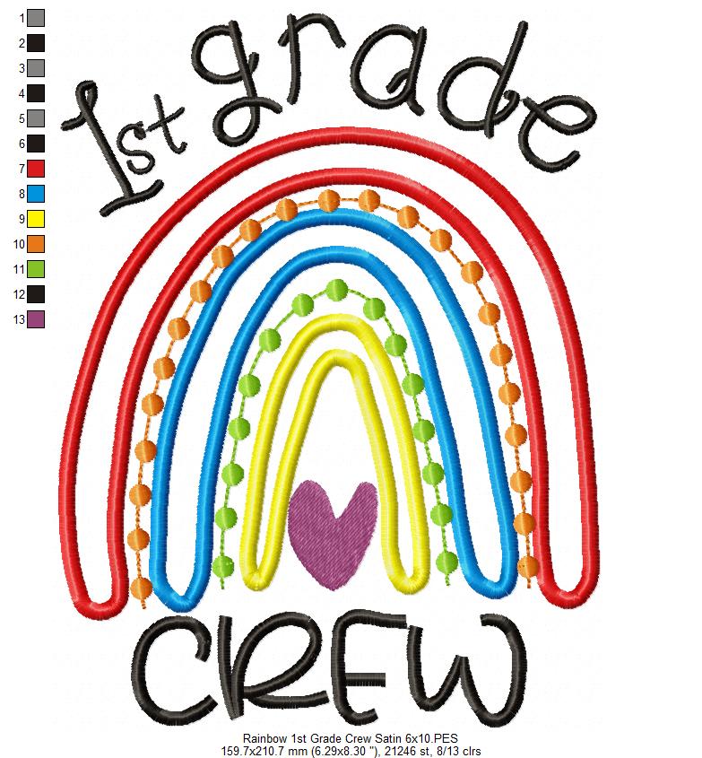 Rainbow 1st Grade Crew - Satin and Bean Stitch Applique - Set of 2 designs