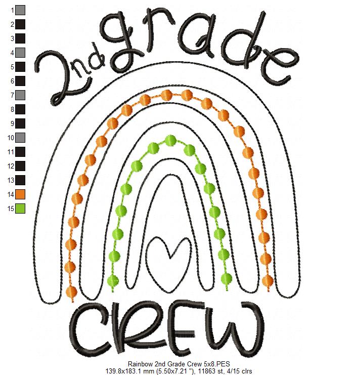 Rainbow 2nd Grade Crew - Satin and Bean Stitch Applique - Set of 2 designs
