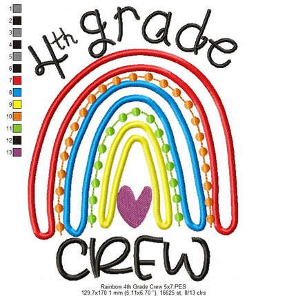 Rainbow 4th Grade Crew - Satin and Bean Stitch Applique - Set of 2 designs