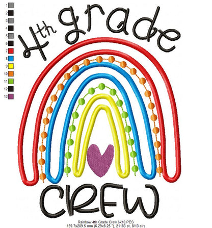 Rainbow 4th Grade Crew - Satin and Bean Stitch Applique - Set of 2 designs