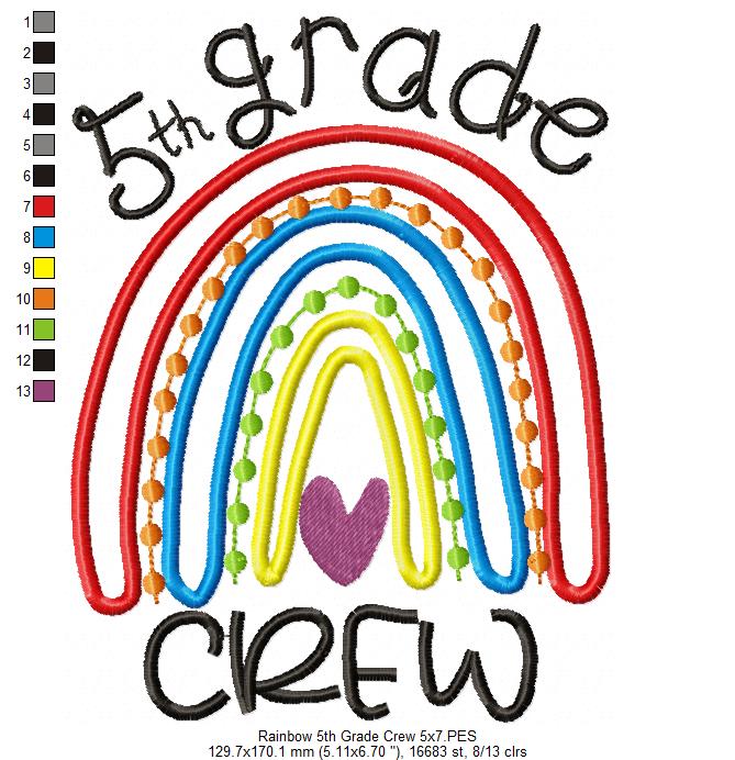 Rainbow 5th Grade Crew - Satin and Bean Stitch Applique - Set of 2 designs