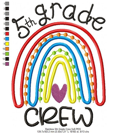 Rainbow 5th Grade Crew - Satin and Bean Stitch Applique - Set of 2 designs