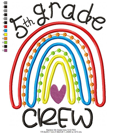 Rainbow 5th Grade Crew - Satin and Bean Stitch Applique - Set of 2 designs