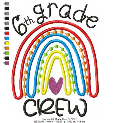 Rainbow 6th Grade Crew - Satin and Bean Stitch Applique - Set of 2 designs