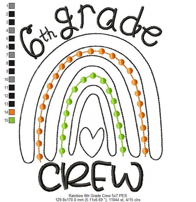 Rainbow 6th Grade Crew - Satin and Bean Stitch Applique - Set of 2 designs