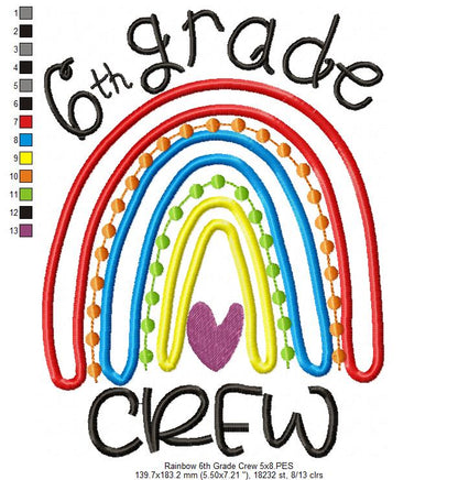 Rainbow 6th Grade Crew - Satin and Bean Stitch Applique - Set of 2 designs