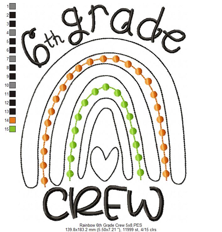 Rainbow 6th Grade Crew - Satin and Bean Stitch Applique - Set of 2 designs
