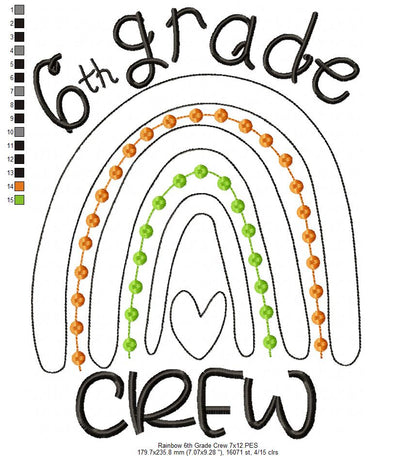 Rainbow 6th Grade Crew - Satin and Bean Stitch Applique - Set of 2 designs