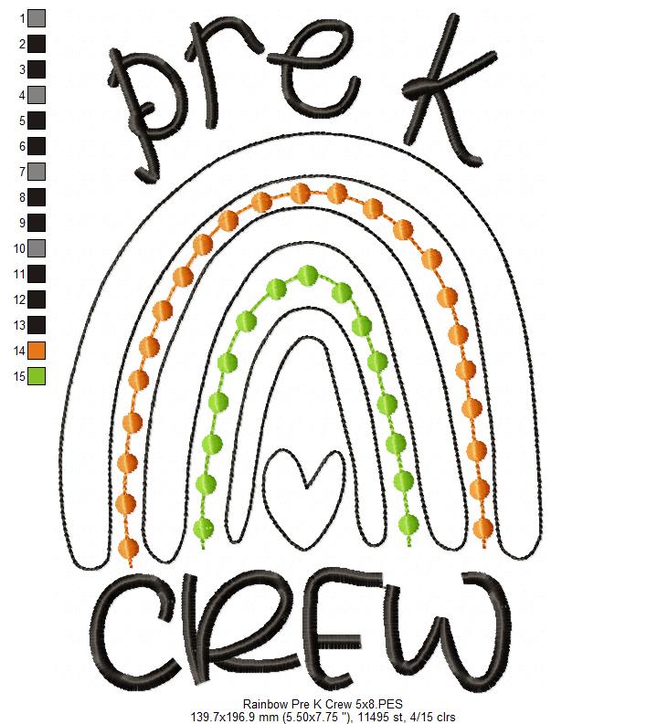 Rainbow Pre K Crew - Satin Applique and Bean Stitch Applique - Set of 2 designs