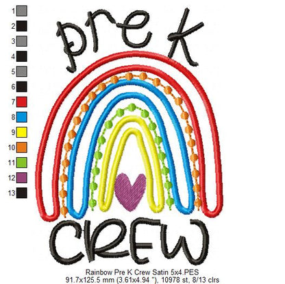 Rainbow Pre K Crew - Satin Applique and Bean Stitch Applique - Set of 2 designs