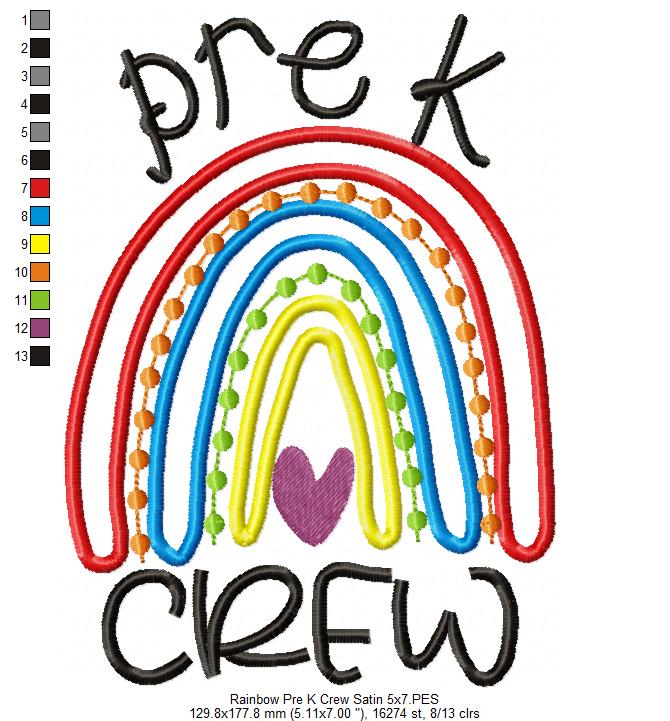 Rainbow Pre K Crew - Satin Applique and Bean Stitch Applique - Set of 2 designs