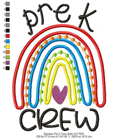 Rainbow Pre K Crew - Satin Applique and Bean Stitch Applique - Set of 2 designs