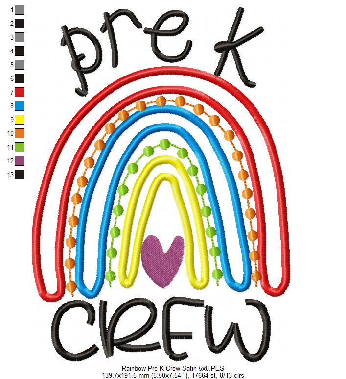 Rainbow Pre K Crew - Satin Applique and Bean Stitch Applique - Set of 2 designs