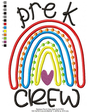 Rainbow Pre K Crew - Satin Applique and Bean Stitch Applique - Set of 2 designs