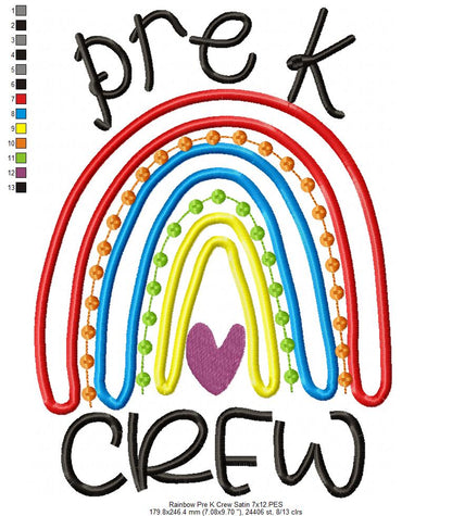 Rainbow Pre K Crew - Satin Applique and Bean Stitch Applique - Set of 2 designs