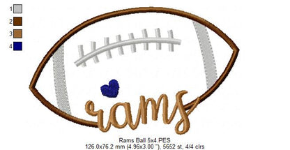 Rams Football Heart – Satin Stitch – Machine Embroidery Design