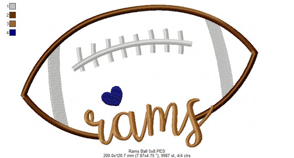 Rams Football Heart – Satin Stitch – Machine Embroidery Design