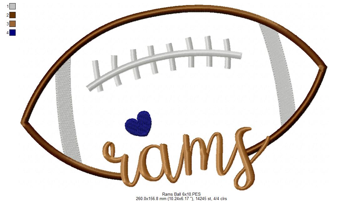 Rams Football Heart – Satin Stitch – Machine Embroidery Design