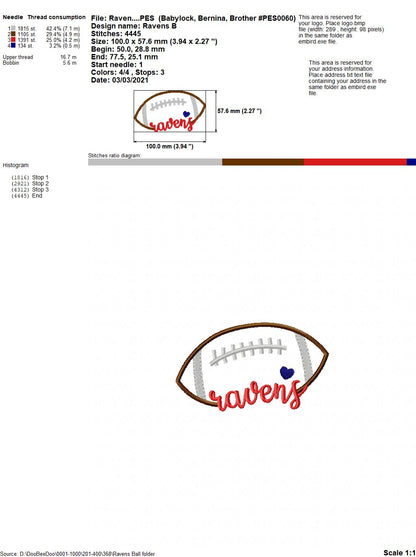 Ravens Football Heart – Satin Stitch – Machine Embroidery Design