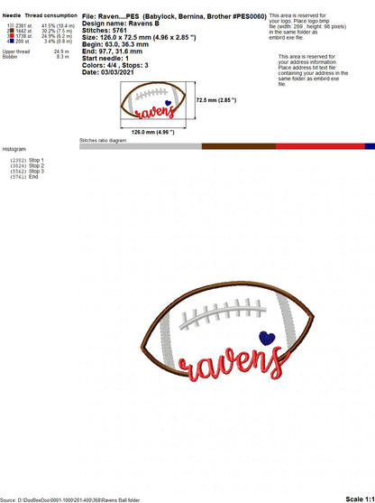 Ravens Football Heart – Satin Stitch – Machine Embroidery Design