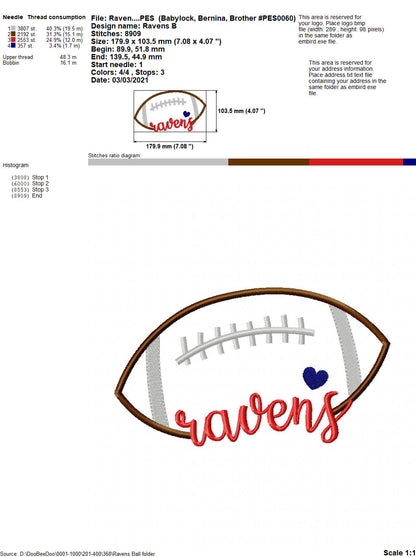 Ravens Football Heart – Satin Stitch – Machine Embroidery Design