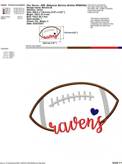 Ravens Football Heart – Satin Stitch – Machine Embroidery Design