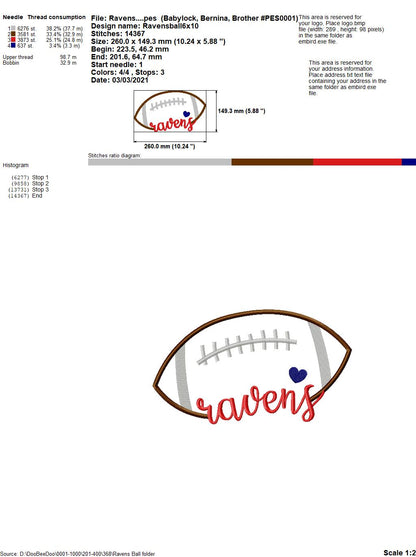 Ravens Football Heart – Satin Stitch – Machine Embroidery Design