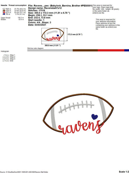 Ravens Football Heart – Satin Stitch – Machine Embroidery Design