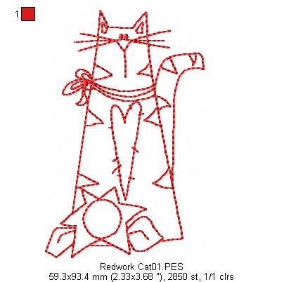 Cute Cat - Redwork