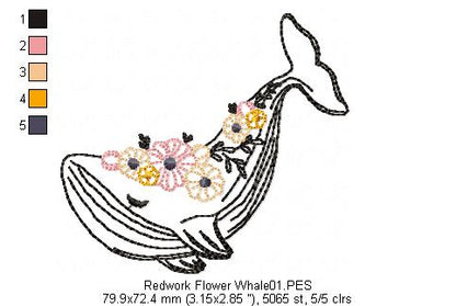 Flower Whale - Redwork