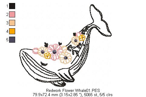 Flower Whale - Redwork