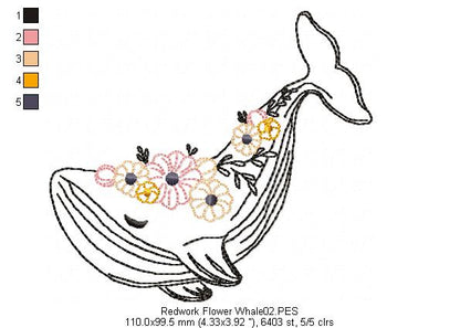 Flower Whale - Redwork