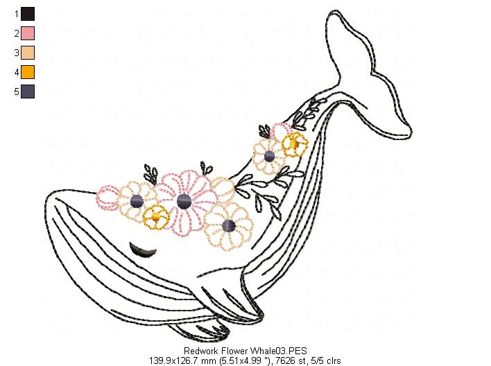 Flower Whale - Redwork