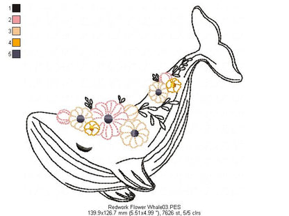 Flower Whale - Redwork