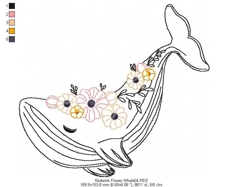 Flower Whale - Redwork
