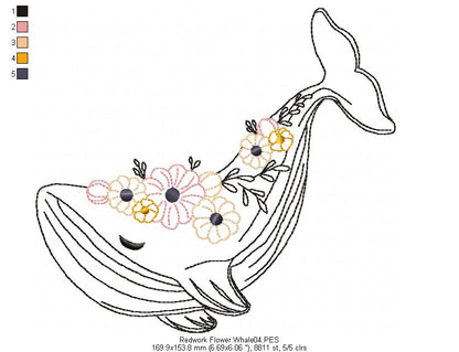 Flower Whale - Redwork