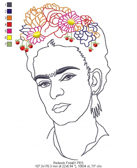 Frida Kahlo - Geek - Redwork Machine Embroidery Design