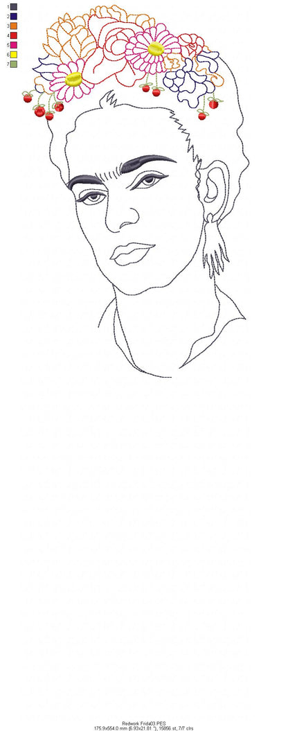 Frida Kahlo - Geek - Redwork Machine Embroidery Design