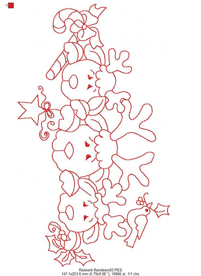 Reindeer Family - Redwork
