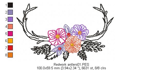 Flower Antlers - Redwork